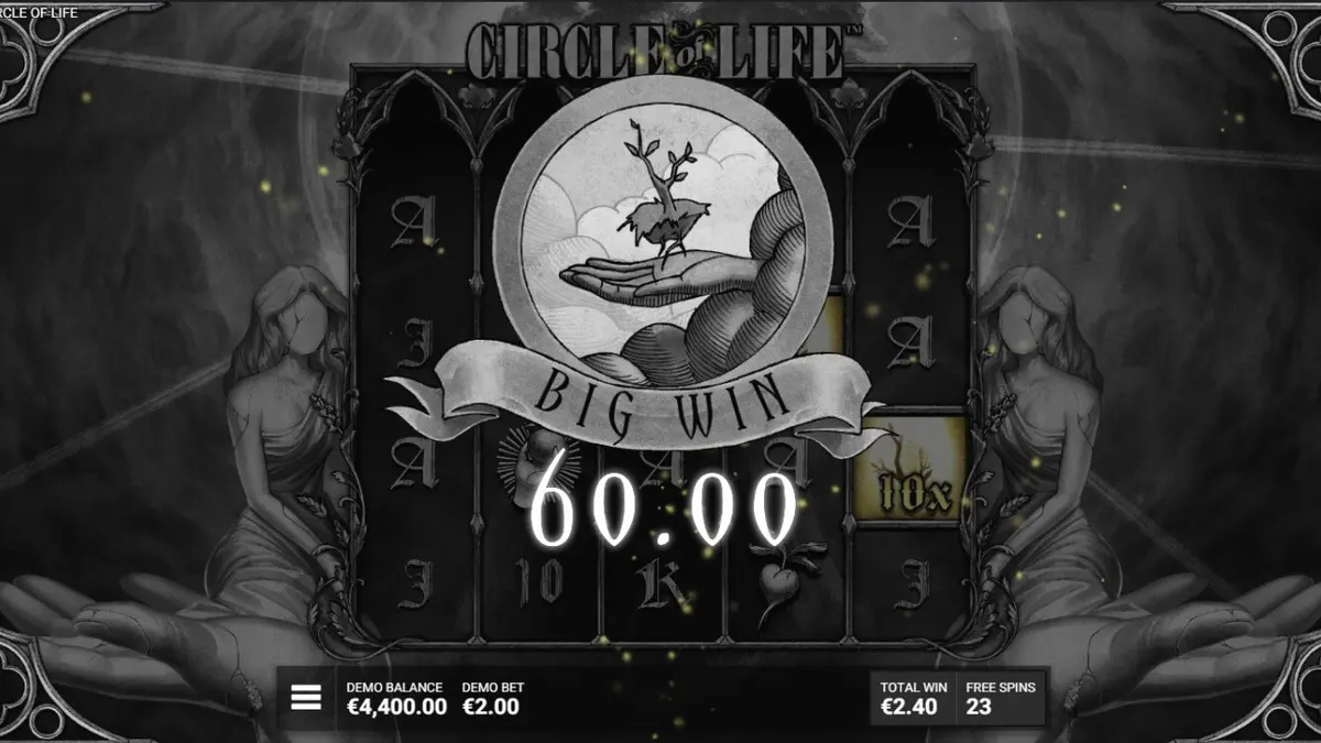 Tangkapan layar dari slot Circle of Life oleh Hacksaw Gaming, menampilkan estetika monokrom dengan Tree of Life yang berwarna-warni di tengah.