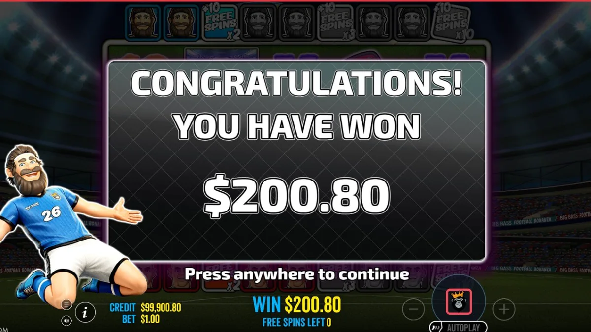 Big Bass Football Bonanza slot game interface with football and fishing theme
