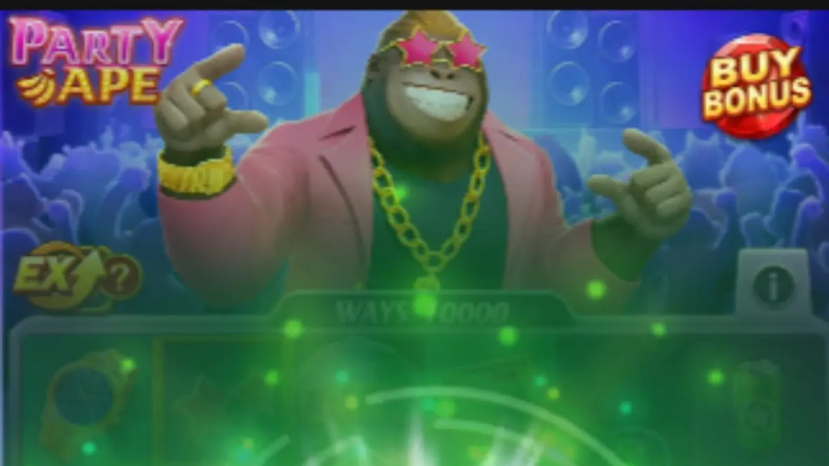Tampilan visual slot Party Ape dengan latar belakang pesta neon yang meriah